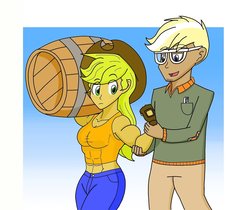 Size: 1280x1073 | Tagged: safe, artist:matchstickman, applejack, trenderhoof, human, g4, abs, applejacked, barrel, female, flexing, glasses, humanized, male, muscles