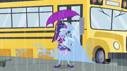 Size: 1920x1080 | Tagged: safe, screencap, sci-twi, twilight sparkle, equestria girls, g4, monday blues, my little pony equestria girls: summertime shorts, bus, female, geode of telekinesis, magical geodes, rain, solo, umbrella