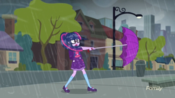 Size: 1920x1080 | Tagged: safe, screencap, sci-twi, twilight sparkle, equestria girls, g4, monday blues, my little pony equestria girls: summertime shorts, canterlot city, female, rain, solo, umbrella, wind