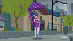 Size: 1920x1080 | Tagged: safe, screencap, sci-twi, twilight sparkle, equestria girls, g4, monday blues, my little pony equestria girls: summertime shorts, canterlot city, female, geode of telekinesis, magical geodes, rain, solo, umbrella, wind