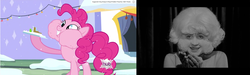 Size: 1759x531 | Tagged: safe, edit, edited screencap, screencap, pinkie pie, earth pony, pony, g4, hearth's warming eve (episode), comparison, eraserhead, food, gingerbread house, hub logo, puffy cheeks