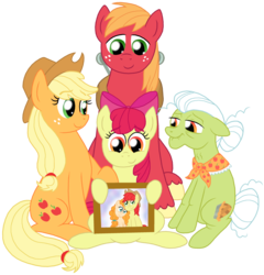 Size: 1750x1822 | Tagged: safe, artist:crazynutbob, apple bloom, applejack, big macintosh, bright mac, granny smith, pear butter, pony, g4, the perfect pear, apple bloom's bow, apple family, apple siblings, apple sisters, applejack's hat, big macintosh's yoke, bow, braid, brother and sister, clothes, cowboy hat, female, filly, foal, granny smith's shawl, hair bow, hat, hoof on shoulder, horse collar, male, mare, picture frame, remember, scarf, ship:brightbutter, shipping, siblings, simple background, sisters, stallion, straight, transparent background