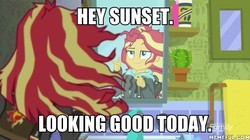 Size: 600x335 | Tagged: safe, screencap, sunset shimmer, equestria girls, g4, monday blues, my little pony equestria girls: summertime shorts, discovery family logo, image macro, meme, memeful.com, sunset's apartment