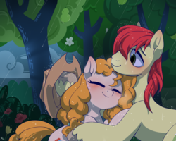 Size: 2500x2000 | Tagged: safe, artist:renokim, bright mac, pear butter, earth pony, pony, g4, the perfect pear, applejack's parents, blushing, couple, cowboy hat, duo, eyes closed, female, hat, high res, hug, male, mare, rain, scene interpretation, ship:brightbutter, shipping, smiling, stallion, stetson, straight, tree