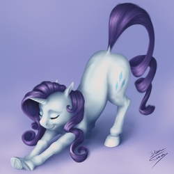 Size: 1020x1020 | Tagged: safe, artist:bluespaceling, rarity, pony, unicorn, g4, ass up, behaving like a cat, cute, dock, eyes closed, face down ass up, female, frog (hoof), iwtcird, mare, purple background, raribetes, simple background, solo, stretching, underhoof