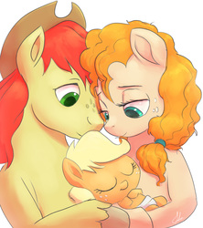 Size: 936x1056 | Tagged: safe, artist:grissaecrim, applejack, bright mac, pear butter, earth pony, pony, g4, the perfect pear, baby, baby pony, babyjack, cowboy hat, cute, family, female, foal, hat, jackabetes, male, mare, ship:brightbutter, shipping, simple background, sleeping, stallion, stetson, straight
