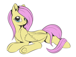 Size: 1404x1063 | Tagged: safe, artist:dusthiel, fluttershy, pegasus, pony, g4, cute, female, looking at you, mare, prone, shyabetes, simple background, smiling, solo, transparent background, underhoof