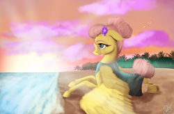 Size: 5585x3661 | Tagged: safe, artist:vinicius040598, fluttershy, pegasus, pony, g4, alternate hairstyle, beach, clothes, cloud, female, flower, flower in hair, hair bun, mare, prone, smiling, solo, sunset, swimsuit