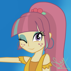 Size: 3000x3000 | Tagged: safe, artist:darkvoice97, sour sweet, equestria girls, equestria girls specials, g4, my little pony equestria girls: dance magic, cute, ear piercing, earring, female, high res, jewelry, looking at you, one eye closed, piercing, ponytail, simple background, solo, sourbetes, wink