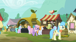 Size: 1920x1080 | Tagged: safe, screencap, chelsea porcelain, dinky hooves, geri, grand pear, granny smith, honey bulb, ivy jive, jewel shower, pearly stitch, spring harvest, vibrant melody, earth pony, pony, g4, the perfect pear, background pony, bow, braid, braided ponytail, braided tail, clothes, discovery family logo, female, male, mare, neckerchief, stallion, vendor stall, young chelsea porcelain, young geri, young grand pear, young granny smith, young jewel shower, young pearly stitch, younger