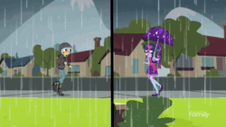 Size: 1920x1080 | Tagged: safe, screencap, sci-twi, sunset shimmer, twilight sparkle, equestria girls, g4, monday blues, my little pony equestria girls: summertime shorts, animated, clothes, female, hoodie, no sound, rain, shipping fuel, webm