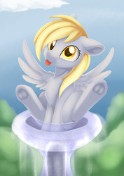 Size: 1254x1770 | Tagged: safe, artist:dusthiel, derpy hooves, pegasus, pony, g4, behaving like a bird, bird bath, cute, derpabetes, female, floppy ears, frog (hoof), looking at you, mare, sitting, smiling, smiling at you, solo, spread wings, sunlight, tongue out, underhoof, water, wings