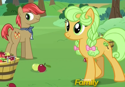 Size: 920x642 | Tagged: safe, screencap, apples snack, goldie delicious, earth pony, pony, g4, the perfect pear, apple, apple family member, background pony, bandana, basket, bow, braid, bushel basket, butt, cropped, female, food, hair bow, male, mare, plot, stallion, young goldie delicious, younger