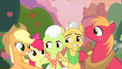 Size: 1920x1080 | Tagged: safe, screencap, apple bloom, applejack, big macintosh, grand pear, granny smith, earth pony, pony, g4, the perfect pear, adorabloom, adorasmith, apple bloom's bow, apple siblings, apple sisters, applejack's hat, big macintosh's yoke, bow, brother and sister, clothes, cowboy hat, cute, female, filly, foal, granny smith's shawl, group hug, hair bow, hat, horse collar, hug, jackabetes, macabetes, male, mare, scarf, siblings, sisters, smiling, stallion