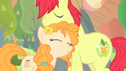 Size: 1920x1080 | Tagged: safe, screencap, bright mac, pear butter, earth pony, pony, g4, the perfect pear, applejack's parents, couple, female, male, neck nuzzle, nuzzling, ship:brightbutter, shipping, straight