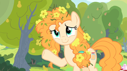 Size: 1920x1080 | Tagged: safe, screencap, pear butter, earth pony, pony, g4, the perfect pear, cute, female, flower, flower in hair, mare, pearabetes, raised hoof, smiling, solo, waving