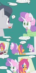 Size: 1600x3200 | Tagged: safe, artist:jake heritagu, rumble, scootaloo, sweetie belle, pony, comic:ask motherly scootaloo, g4, bandage, bed, cast, clothes, comic, hairpin, hospital, hospital bed, motherly scootaloo, pillow, sweater