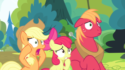 Size: 1920x1080 | Tagged: safe, screencap, apple bloom, applejack, big macintosh, earth pony, pony, g4, the perfect pear, apple siblings, female, filly, male, mare, open mouth, raised hoof, shocked, stallion, trio