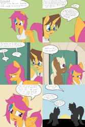 Size: 1600x2400 | Tagged: safe, artist:jake heritagu, doctor horse, doctor stable, scootaloo, oc, oc:sandy hooves, pony, comic:ask motherly scootaloo, g4, cast, comic, depression, glasses, hairpin, hospital, motherly scootaloo, sun