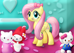 Size: 1365x982 | Tagged: safe, artist:frogem, fluttershy, pegasus, pony, g4, bow, clothes, crossover, cute, daaaaaaaaaaaw, female, hair bow, hello kitty, looking at you, mare, my melo-chan, my melody, sanrio, shyabetes