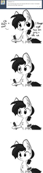 Size: 1650x6600 | Tagged: safe, artist:tjpones, oc, oc only, oc:toolbelt mchomemaker, earth pony, pony, horse wife, ask, breaking the fourth wall, chest fluff, comic, dialogue, ear fluff, fourth wall, grayscale, hammer, monochrome, ponytail, realization, screwdriver, simple background, solo, tape, toolbelt, tumblr, white background, wrench