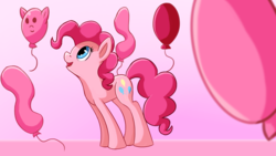 Size: 1920x1080 | Tagged: dead source, safe, artist:camyllea, pinkie pie, earth pony, pony, g4, atg 2017, balloon, cute, diapinkes, female, mare, newbie artist training grounds, pink, smiling, solo, that pony sure does love balloons