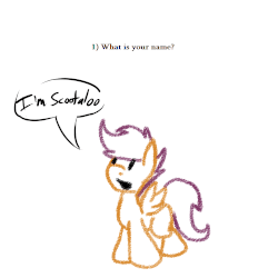 Size: 750x750 | Tagged: safe, artist:hi-scootaloo, scootaloo, pegasus, pony, ask factory scootaloo, g4, animated, factory scootaloo, female, gif, solo, text