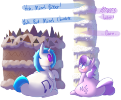 Size: 4000x3300 | Tagged: safe, artist:secretgoombaman12345, diamond tiara, dj pon-3, vinyl scratch, earth pony, pony, unicorn, ask chubby diamond, g4, butt, cake, chocolate cake, chubby, chubby diamond, dialogue, fat, female, filly, foal, food, high res, huge butt, large butt, mare, obese, plot, simple background, this will end in weight gain, transparent background, vinyl fat