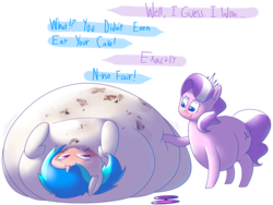 Size: 4000x3000 | Tagged: safe, artist:secretgoombaman12345, diamond tiara, dj pon-3, vinyl scratch, earth pony, pony, unicorn, ask chubby diamond, g4, blob, butt, chubby diamond, dialogue, duo, duo female, eating, fat, female, filly, foal, high res, immobile, mare, morbidly obese, obese, on back, plot, simple background, stuffed, transparent background, vinyl fat, wub-tub