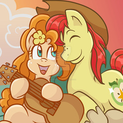Size: 1024x1024 | Tagged: safe, artist:yoshimarsart, bright mac, pear butter, earth pony, pony, g4, the perfect pear, deviantart watermark, female, guitar, male, mare, obtrusive watermark, ship:brightbutter, shipping, stallion, straight, watermark