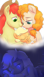 Size: 1000x1753 | Tagged: safe, artist:grissaecrim, applejack, bright mac, pear butter, earth pony, pony, a royal problem, g4, the perfect pear, applejack's parents, baby, baby pony, babyjack, cowboy hat, crying, cute, dream, family, feels, female, filly applejack, foal, freckles, hat, jackabetes, male, mare, pillow, ship:brightbutter, shipping, sleeping, stallion, stetson, straight, tearjerker, the apple family parents are dead, younger