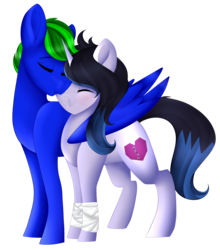 Size: 2197x2501 | Tagged: safe, artist:beashay, oc, oc only, oc:circuit breaker, oc:loveless charm, pegasus, pony, unicorn, female, high res, hug, male, mare, oc x oc, shipping, simple background, straight, transparent background, winghug