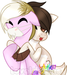 Size: 565x630 | Tagged: safe, artist:lovelikelies, oc, oc only, oc:comet calamity, oc:serene balance, deer, deer pony, original species, hug, mask, pair, simple background, surgical mask, tongue out, transparent background