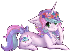 Size: 1070x798 | Tagged: safe, artist:monogy, oc, oc only, oc:willow streaks, pony, unicorn, bow, female, floral head wreath, flower, mare, prone, simple background, solo, tail bow, transparent background