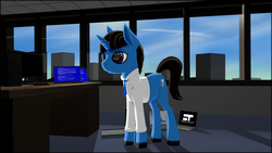 Size: 2400x1350 | Tagged: safe, artist:styroponyworks, oc, oc only, pony, unicorn, 3d, blender, blue screen of death, computer, desk, male, mixed media, office, solo