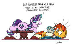 Size: 2434x1473 | Tagged: safe, artist:bobthedalek, starlight glimmer, sunburst, pony, unicorn, g4, dialogue, duo, force feeding, levitation, looking at each other, magic, on back, open mouth, shrunken pupils, simple background, surprised, table, tea party, teapot, telekinesis, white background, yelling