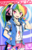 Size: 792x1224 | Tagged: safe, artist:banzatou, rainbow dash, human, g4, belt, clothes, female, happy, headphones, humanized, looking at you, manga, multicolored hair, music, ponytail, ribbon, shorts, smiling, solo