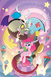 Size: 659x1000 | Tagged: safe, artist:tony fleecs, idw, discord, pinkie pie, draconequus, earth pony, pony, g4, spoiler:comic, spoiler:comic57, cover, discord's throne, duo, female, horns, male, mare, scepter, throne