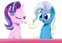 Size: 2400x1680 | Tagged: safe, artist:j24262756, starlight glimmer, trixie, pony, unicorn, g4, atg 2017, cup, duo, female, magic, mare, newbie artist training grounds, simple background, teacup