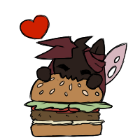 Size: 200x200 | Tagged: safe, artist:sanyo2100, oc, oc only, oc:invictia sadie, changeling, burger, changeling oc, chibi, cute, female, food, hamburger, heart, red changeling, solo