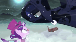 Size: 480x270 | Tagged: safe, edit, edited screencap, screencap, princess luna, snowfall frost, spirit of hearth's warming yet to come, starlight glimmer, pony, a hearth's warming tail, g4, animated, female, gif, reversed, snow