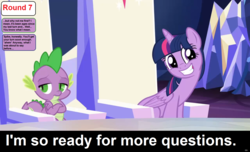Size: 1600x973 | Tagged: safe, spike, twilight sparkle, alicorn, dragon, pony, comic:celestia's servant interview, g4, caption, crossed arms, cs captions, cute, female, friendship throne, grin, interview, male, mare, smiling, throne, throne room, twiabetes, twilight sparkle (alicorn)
