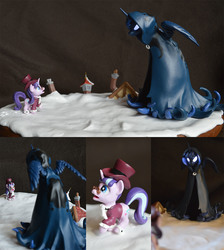 Size: 1166x1303 | Tagged: safe, artist:prototypespacemonkey, princess luna, snowfall frost, spirit of hearth's warming yet to come, starlight glimmer, alicorn, pony, unicorn, a hearth's warming tail, g4, diorama, duo, female, figurine, glowing eyes, mare, miniature, sculpture, traditional art