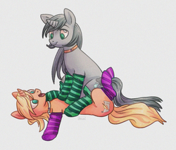 Size: 1050x900 | Tagged: safe, artist:amilar, oc, oc only, oc:ashen winter, oc:script write, pony, unicorn, clothes, collar, duo, female, happy, mare, on back, sitting, sitting on pony, socks, striped socks