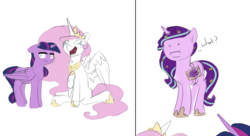 Size: 5500x3000 | Tagged: safe, artist:pucksterv, princess celestia, starlight glimmer, twilight sparkle, alicorn, pony, unicorn, g4, atg 2017, colored sketch, dialogue, fake wings, female, laughing, mare, newbie artist training grounds, simple background, twilight sparkle (alicorn), white background