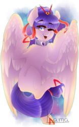 Size: 2500x4000 | Tagged: safe, artist:skimea, oc, oc only, oc:isakiss staream, pegasus, pony, female, mare, one eye closed, open mouth, simple background, smiling, solo, transparent background, wink