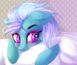 Size: 2586x2201 | Tagged: safe, artist:silvia-zero, fleetfoot, pegasus, pony, g4, bed, blushing, commission, commissioner:fleetfoot, cute, diafleetes, female, heart eyes, high res, implied rainbow dash, lying down, mare, pillow, solo, sparkly mane, wingding eyes, ych result