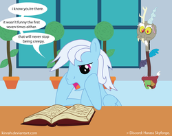 Size: 1065x843 | Tagged: safe, artist:kinrah, discord, oc, oc:skyforge, pegasus, pony, g4, book, disguise, potted plant, reading