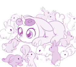 Size: 1061x944 | Tagged: safe, artist:dstears, sweetie belle, pony, rabbit, unicorn, g4, animal costume, bunny costume, clothes, costume, cute, diasweetes, female, filly, hnnng, looking at each other, monochrome, prone, solo, weapons-grade cute