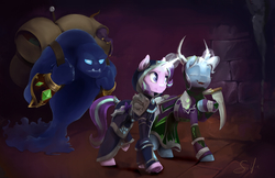 Size: 4080x2640 | Tagged: safe, artist:silfoe, starlight glimmer, trixie, elemental, pony, unicorn, g4, backpack, clothes, crossover, duo, fantasy class, female, high res, mare, monster, priest, scythe, shadow priest, smiling, underhoof, voidwalker, warcraft, warlock, world of warcraft